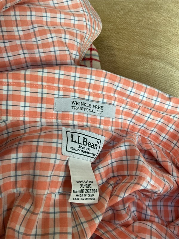 Men’s LL Bean Button Up Long Sleeve  Shirt Orange Check Xl