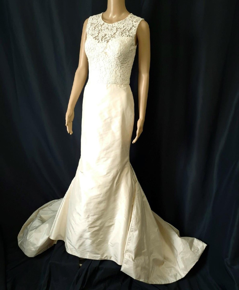 Paloma Blanca CHAMPAGNE SILK & CREAM LACE Trumpet WEDDING DRESS GOWN  w/Train | eBay