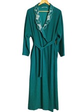 Vintage Shadowline Womens Long Embroidered Fleece Robe Belted Green Size L