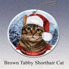 Holiday Pet Brown Tabby Shorthair Cat Santa Porcelain Christmas Tree Ornament