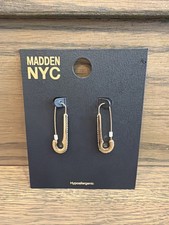 Steve Madden Gold Tone Safety Pin Drop Earrings Crystal Accents NWT
