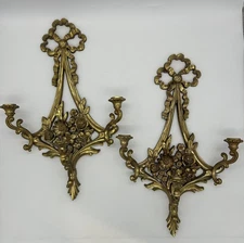 2 Large Hollywood Regency  Gold Syroco  3 Arm Candle Wall Sconce 26” x 16” 4092