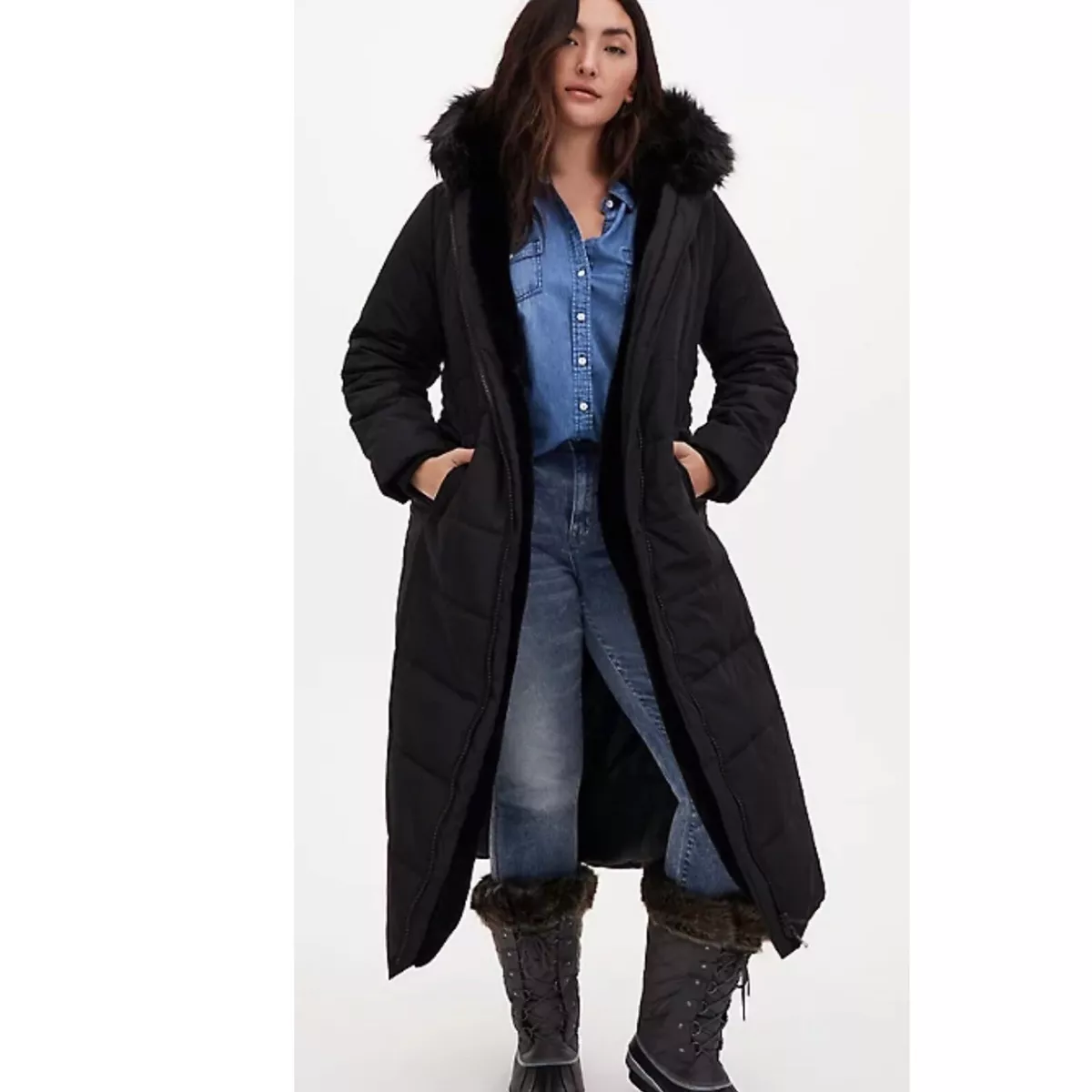Torrid NEW Longline Fit Flare Puffer Coat Twill Black Size 5X Faux Fur Trim