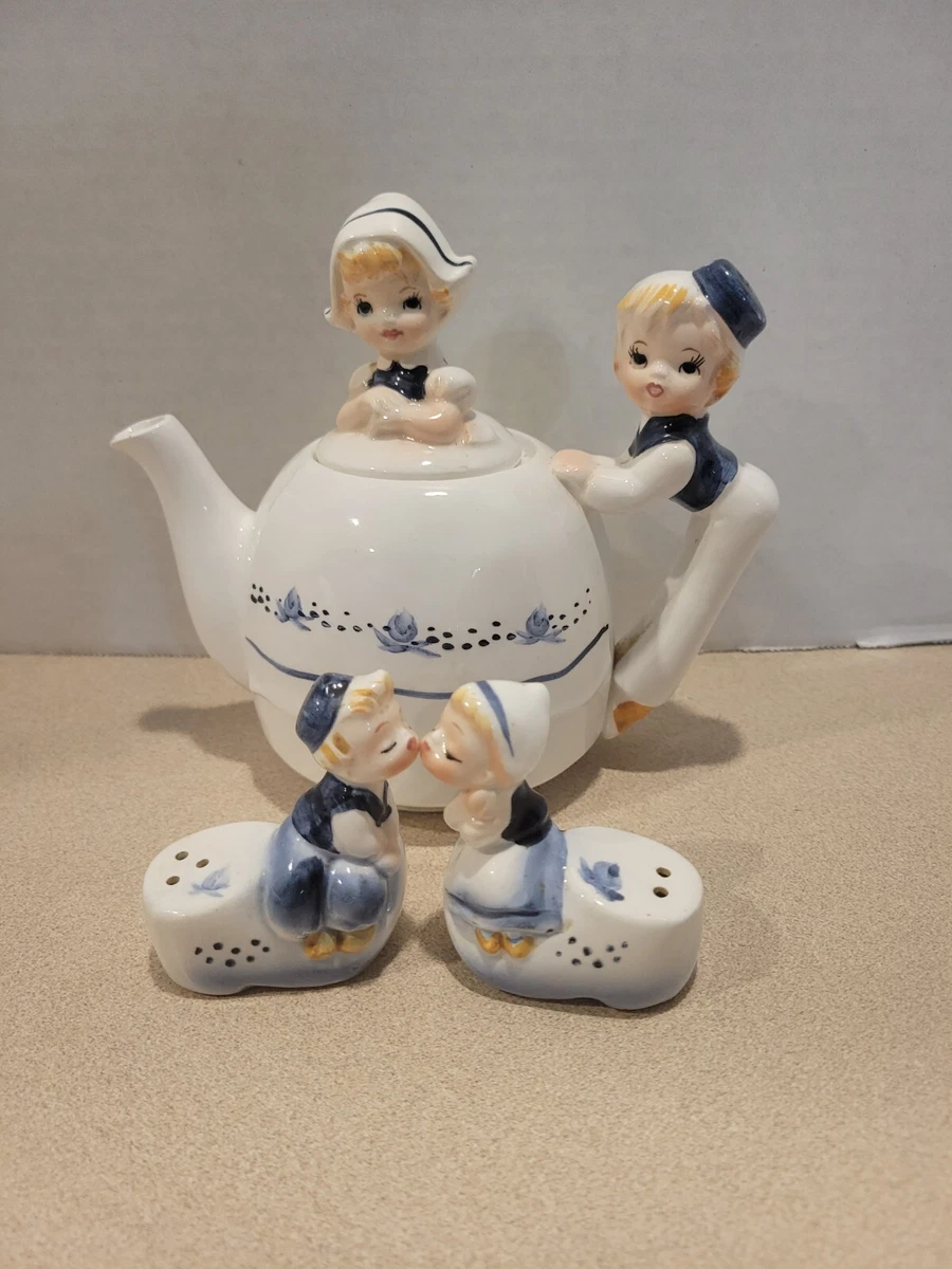 Vintage Enesco Small Teapot With Dutch Girl And Boy And Shakers