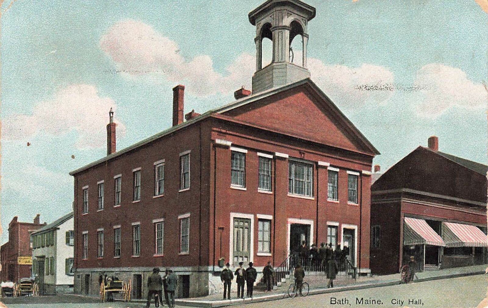 Vintage 1911 Postcard Bath Maine City Hall exterior color photo bell tower eBay