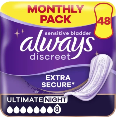 48 count Always Discreet Incontinence Pads Plus Women Ultimate Night Heavy Leak