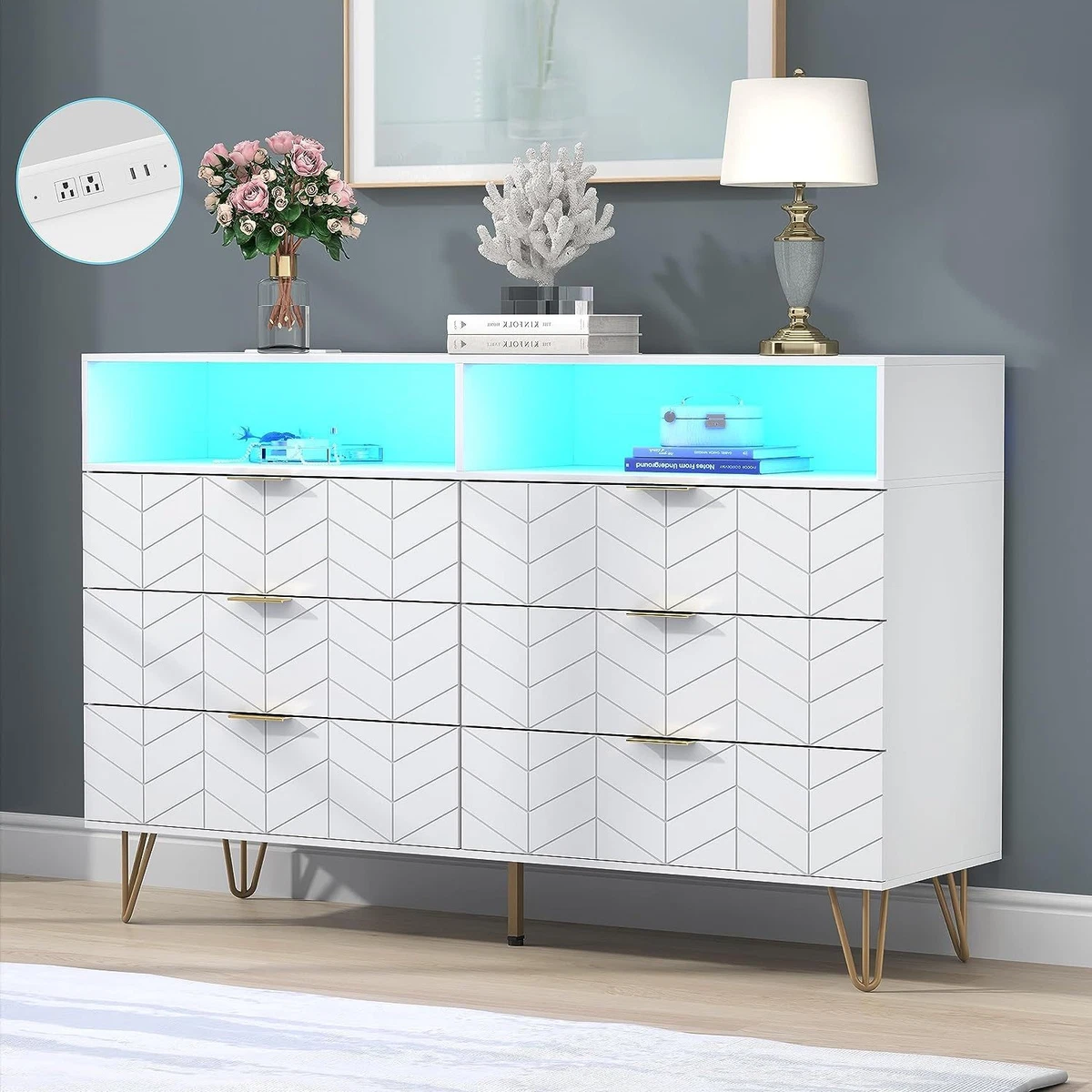 Loomie 6 Drawers Dresser with Power Outlet LED Light White Long