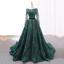 Dubai Luxury Muslim Wedding Dresses Long Sleeves Sequin Sparkle Formal Prom Gown