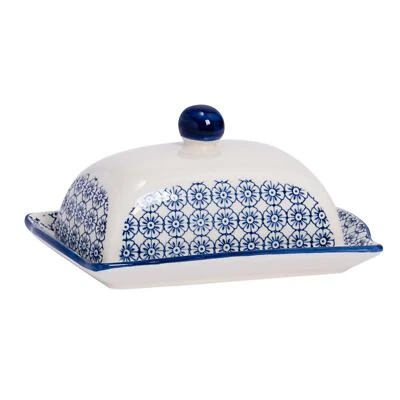 NICOLA SPRING Patterned Kitchen Butter Dish With Lid Porcelain Crockery - Blue Flower