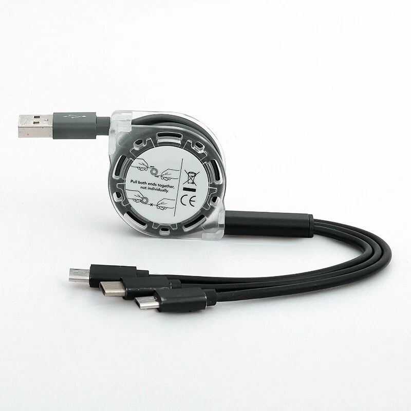 3 in 1 Retractable USB Cable for iPhone Pixel Cable 3A Fast Charging Type-C 1.2M