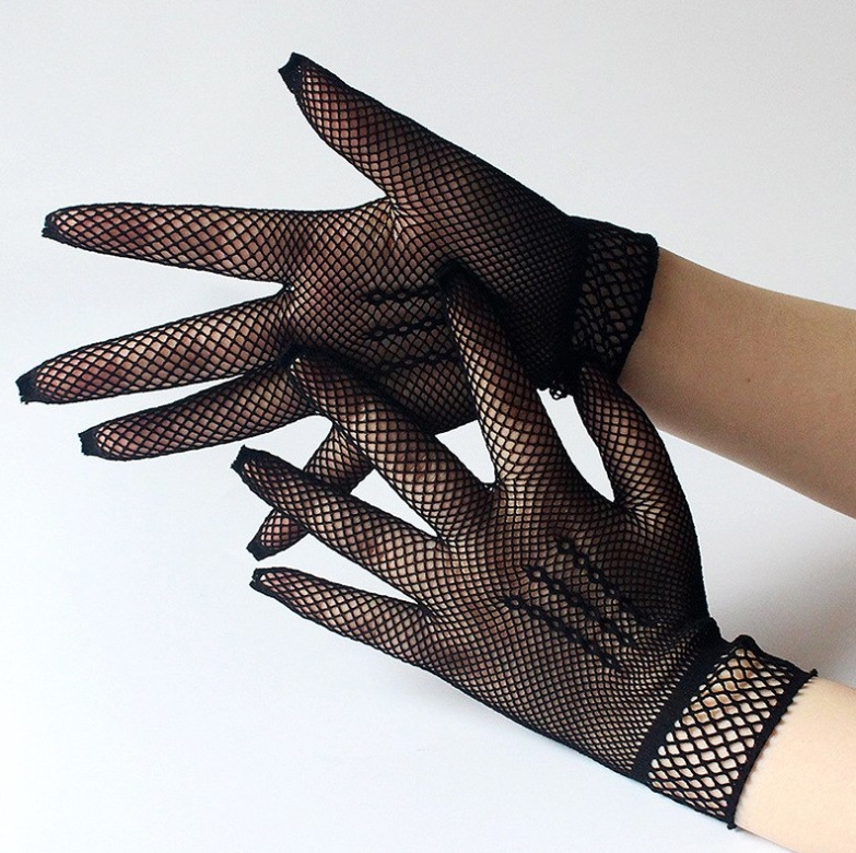 Gants mi-longs blancs mesh transparents et dentelle poignets sexy glam