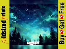Forest Night Symphony - Starry Night Forest Watercolor Print, Wall Art 10"x8"
