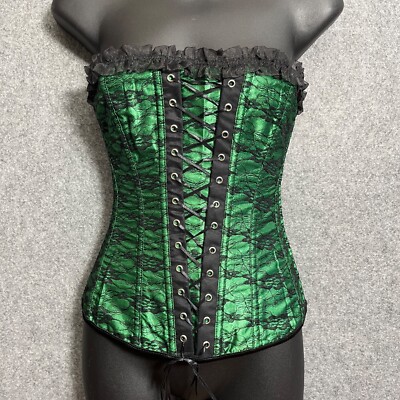 Green and Black Lace-up Zip Closure Corset Bustier Sexy Boudoir Cosplay SMALL