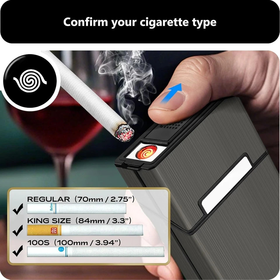 Cigarette Case with Lighter for 100Mm 100’S King Size, Rechargeable 20  Capacity