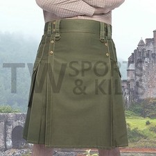 Men's Olive Utility Kilt Made Of Cotton With Two Side Pocket Two Back Pocket