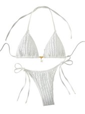 Women's High-Cut Thong Bikini Set 2025, Textured Triangle Halter Swimwear