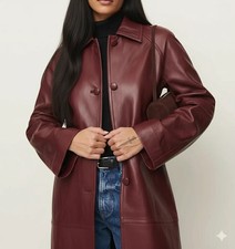 Stylish Genuine Lambskin Burgundy Women's Coat Trench Leather Casual Handmade