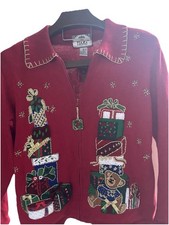 Tiara M Women  s Christmas Cardigan Full Zip Gifts Teddy Bear Gold Stitching Gift