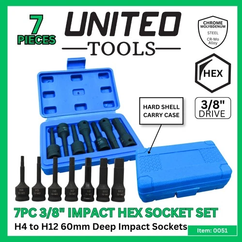 7pc 3/8 Impact Hex Socket Bit Set H4 To H12 Socket Cr-Mo