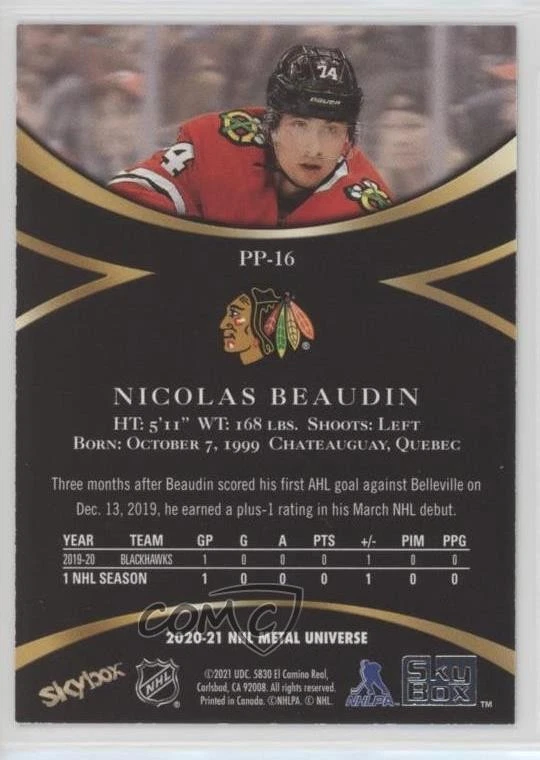 2020-21 Skybox Metal Universe Star Sapphires Nicolas Beaudin #PP-16 Rookie RC - Image 2 of 2