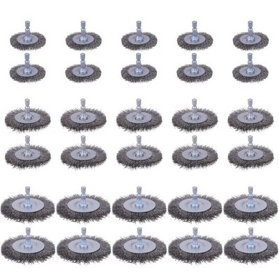 Wire Wheel Brush 30 Pack Carbon Steel 1/4 Inch Hex Shank 3 Sizes Rust Removal