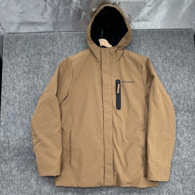Hollister Jacket Mens Medium Tan Brown Faux Fur Lined Puffer All-Weather Hooded