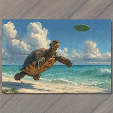 Art Print Turtle Playing Frisbee Ocean Beach Sky Waves Fun Summer Sea Breeze Coa