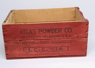 VTG Atlas Powder Company Stained Red Wood Shipping Crate Atlas Extra Dynamite