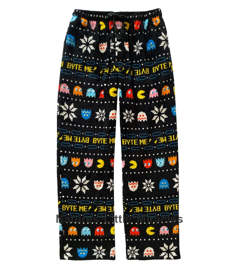 NWT Pac Man Mens Pajamas Pants Pacman Size S M Fleece Winter Byte