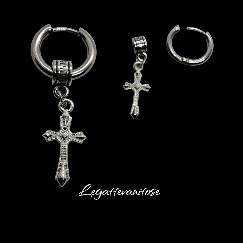 Orecchino con croce pendente da uomo in acciaio inox cerchi donna argento. - Immagine 2 di 4