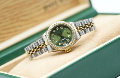 Datejust Gold Rolex Womens Green Face Ladies Steel Gold Rolex