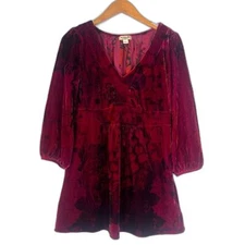 One World Power Red Burnout Velvet Vneck Empire Waist Blouse Size Medium