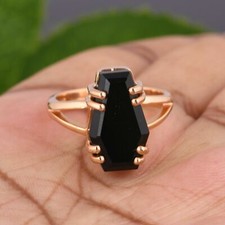 Black Onyx Coffin Rose Gold Plated Ring 925 Sterling Silver RIP Coffin Ring