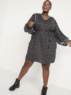 old navy long sleeve mini swing dress Old Navy Dress Long Sleeve Embroidered Smocked Mini Swing Women's Size  Large