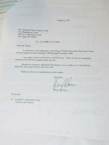 1997 Henry Ricci demand $7500 Bankruptcy Court DEBBIE REYNOLDS HOTEL &  CASINO | eBay
