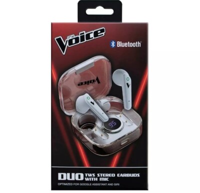 The Voice Duo True Wireless Stereo Earbuds with Mic, Charging Case, LCD Screen