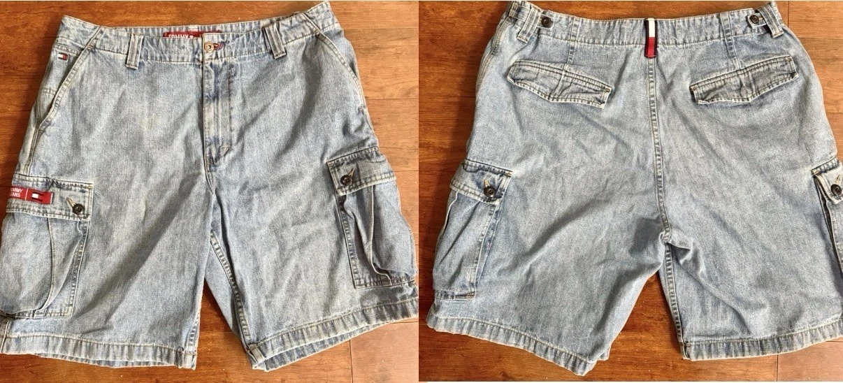 Vintage Tommy Hilfiger Cargo Shorts Jean Jorts Baggy Skater Denim Mens 38