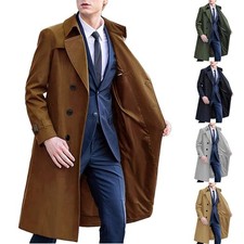 Men Long Trench Coat Double Breasted Lapel Long Sleeve Windbreaker Overcoat