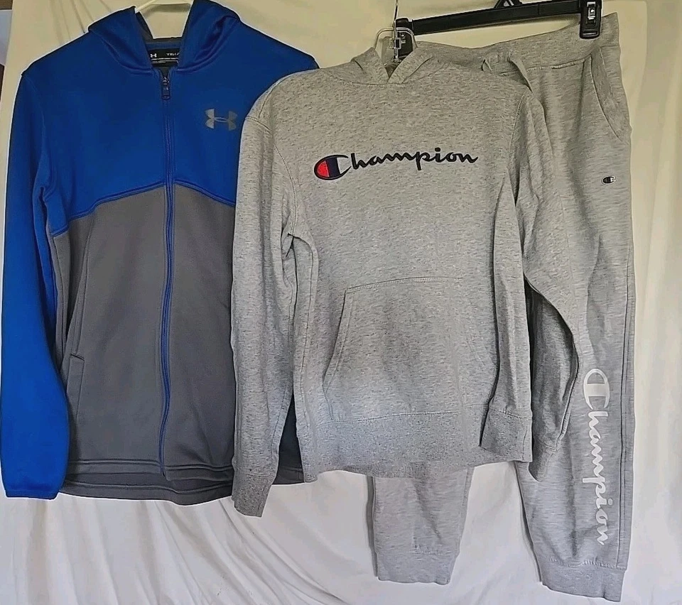 LOT OF 3 BOY'S GRAY CHAMPION HOODIE SHIRT PANTS UNDER ARMOUR COLDGEAR JACKET XL - Image 2 of 4
