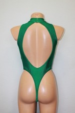 Women Thong Leotard 204-04 Sleeveless High Collar Open Back Green Spandex Size M