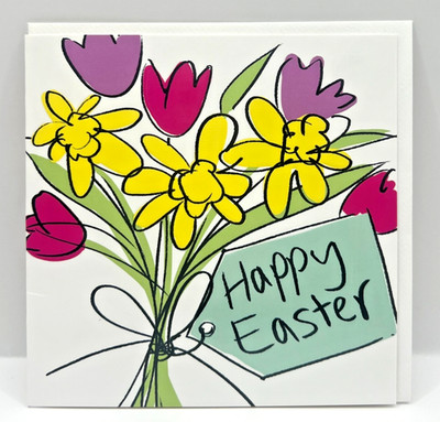 Frohe Ostern Karte leuchtende Frühlingsblumen Narzissen Tulpen Design