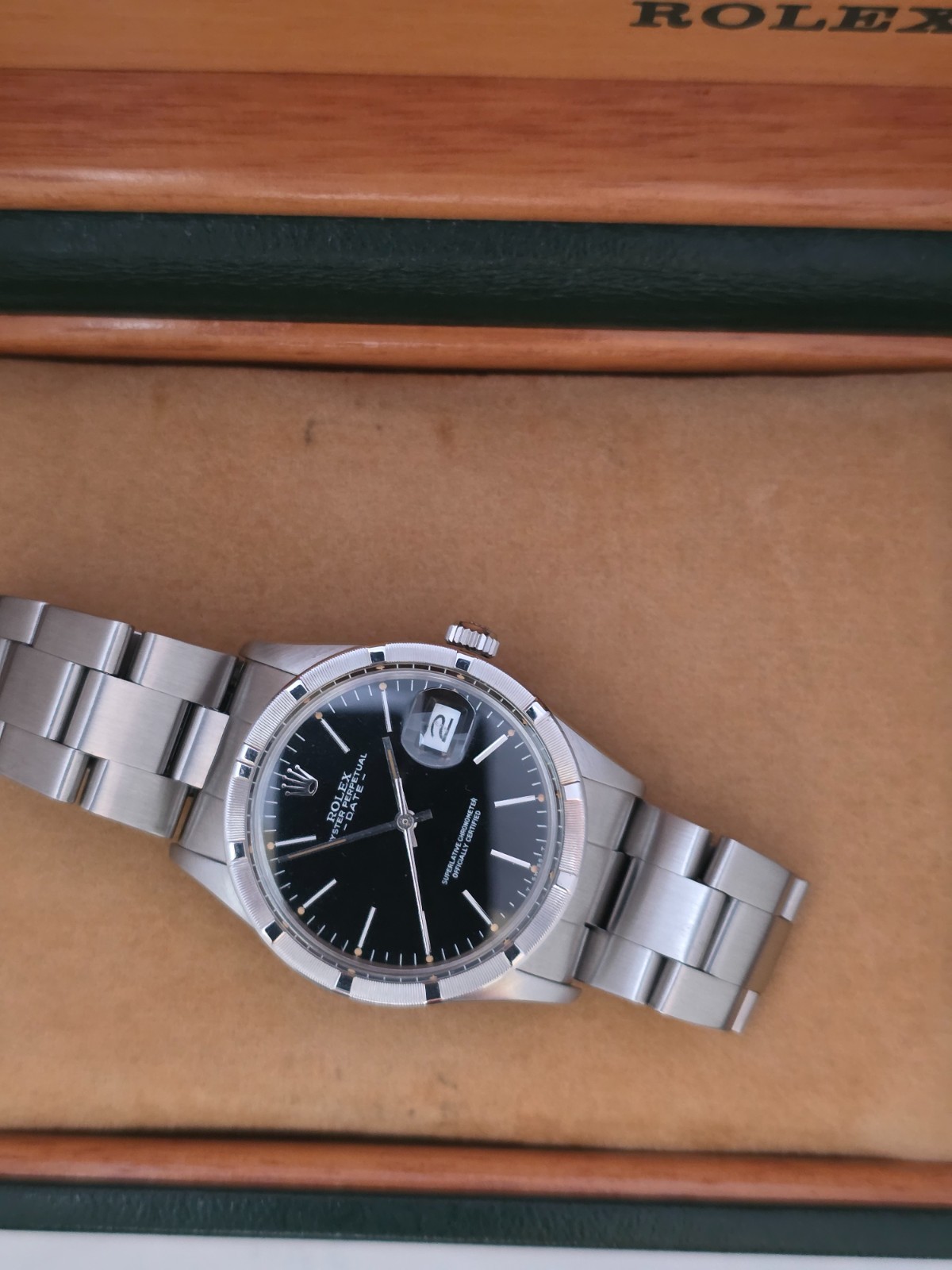 Rolex Oyster Perpetual Date 15010 - Rare Black 'Error' Dial - Box & Booklets image 8
