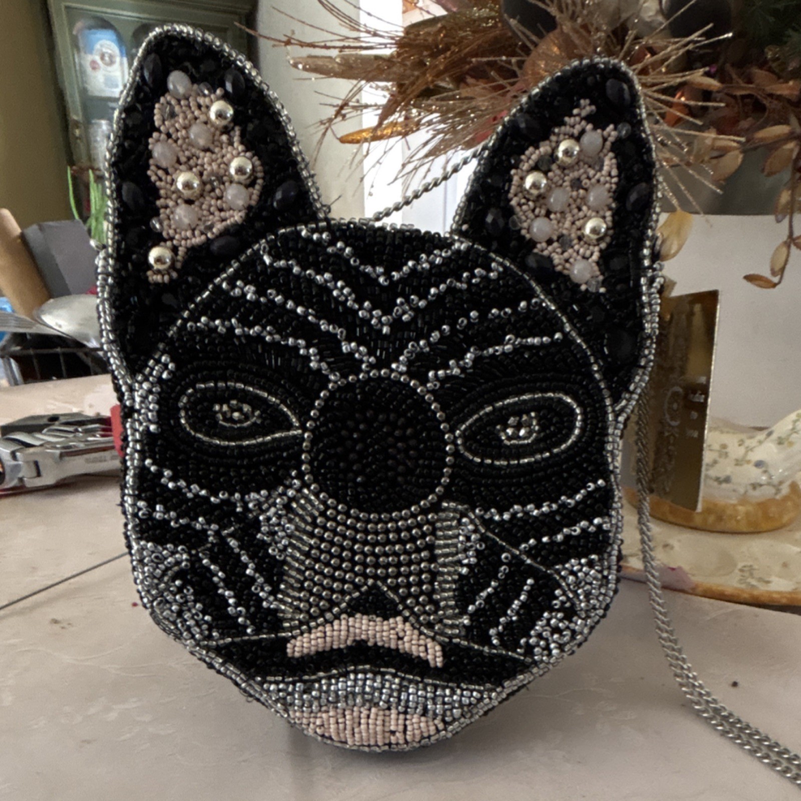 Handmade from India  Beaded dog Shoulder Bag Black Silver Animal Theme for Women