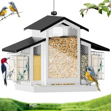 White Metal Bird Feeder Birdhouse, Outdoor Hanging Wild Bird Feeders for Outdoor