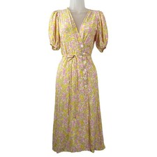 Faithfull the Brand Floral Midi Wrap Dress Pink Yellow Puff Sleeve XS USA 2