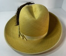 Mr. Charles Hat, Gold Straw Fedora With Real Feathers. Medium/One Size.