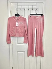 Juicy Couture Size S Rose Bling Velour Tracksuit Hoodie  Pants Rhinestone NWT