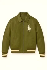 New Polo Varsity Bomber Jacket 100% Genuine Cowhide Leather, olive Color | RL