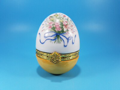 Vintage Trinket Box Easter Egg Porcelain Hinged Flowers Gold Tone Trim