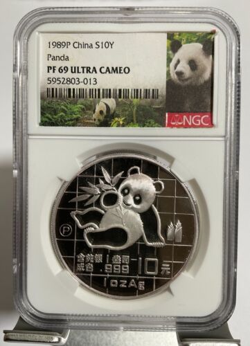 China 1989 Silver Panda 1 OZ  10 Yuan proof Coin,  NGC PF69 - Picture 1 of 2